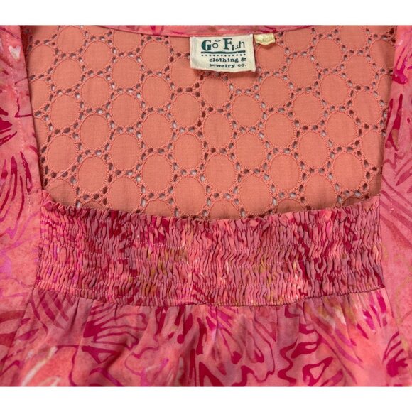 Go Fish Tunic Top Size L 2 Pockets Abstract Pink Eyelet Back Rayon Hand Made - Picture 6 of 8